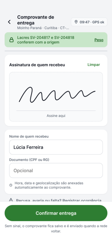 App do motorista, Comprovante de entrega: lacres conferidos, assinatura de quem recebeu e hora, data e geolocalização anexadas.